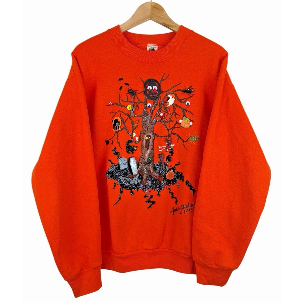Vintage 1995 Handmade 3D Embellished Halloween Sweatshirt Artist Joan Studwell